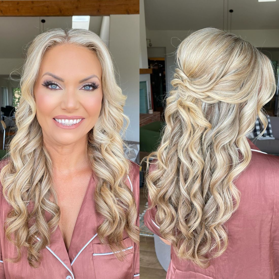 Mother of the bride with soft glam and blonde curls, front and back
