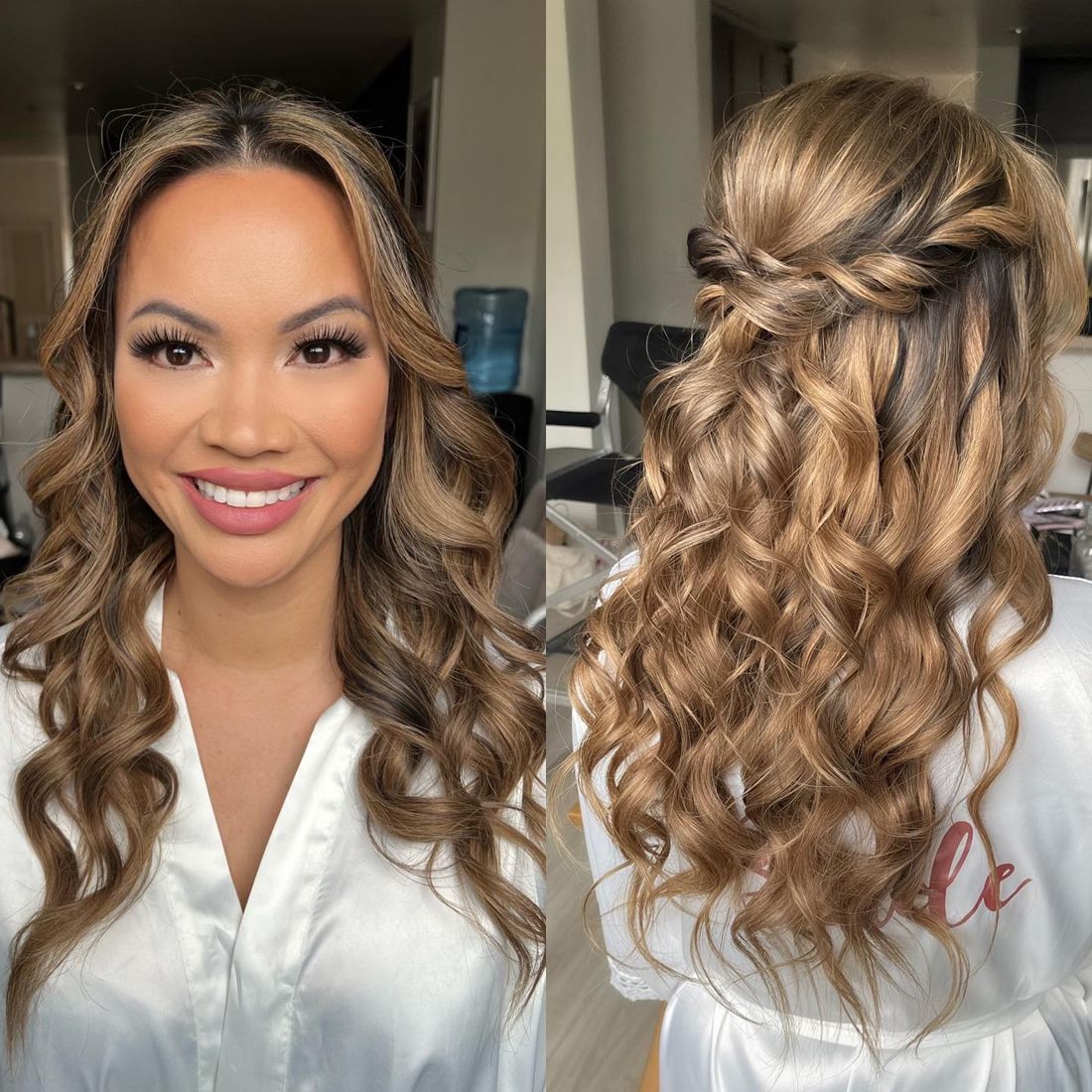 Bride with soft glam makeup and a twisted half-up style, front and back