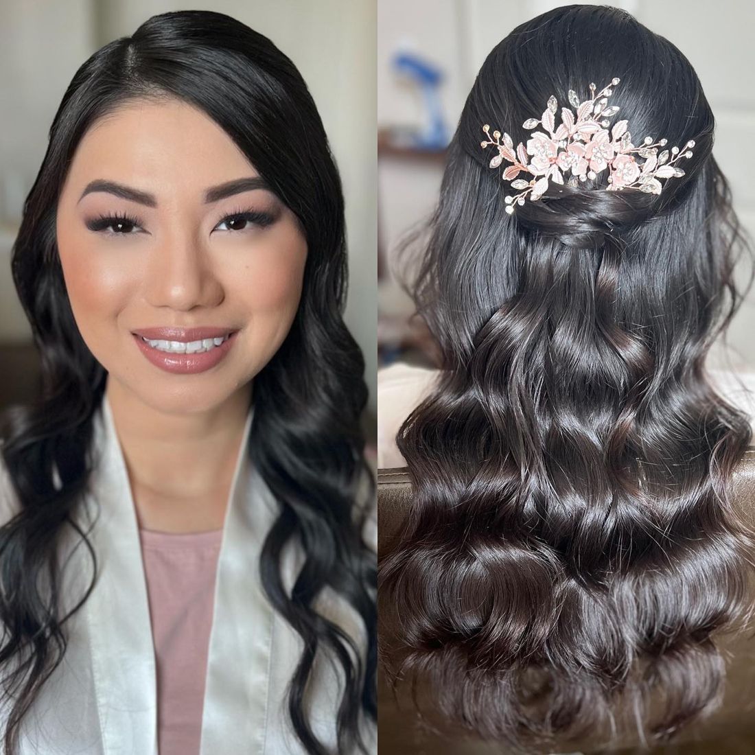 Bride with glowing makeup and a jeweled comb in a half-up style