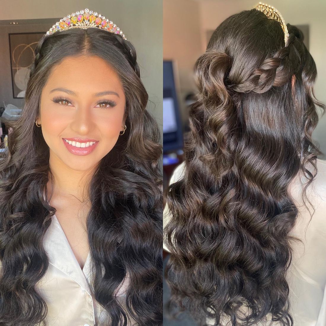 Bride in a tiara with glam makeup and long waves, front and back
